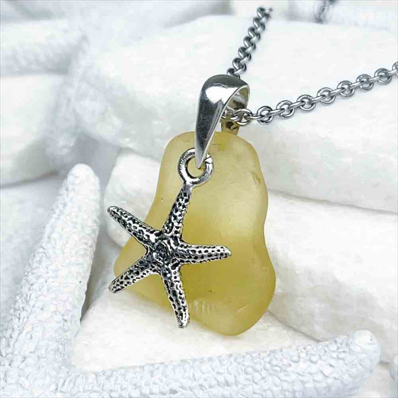 Golden Yellow Sea Glass Pendant with Starfish Charm | Real Sea Glass