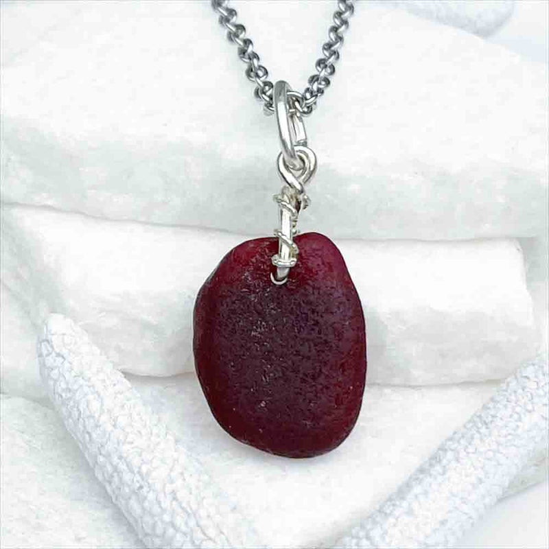 Wine Red Sea Glass Pendant with Sterling Silver Nautical Bail | Real Sea Glass