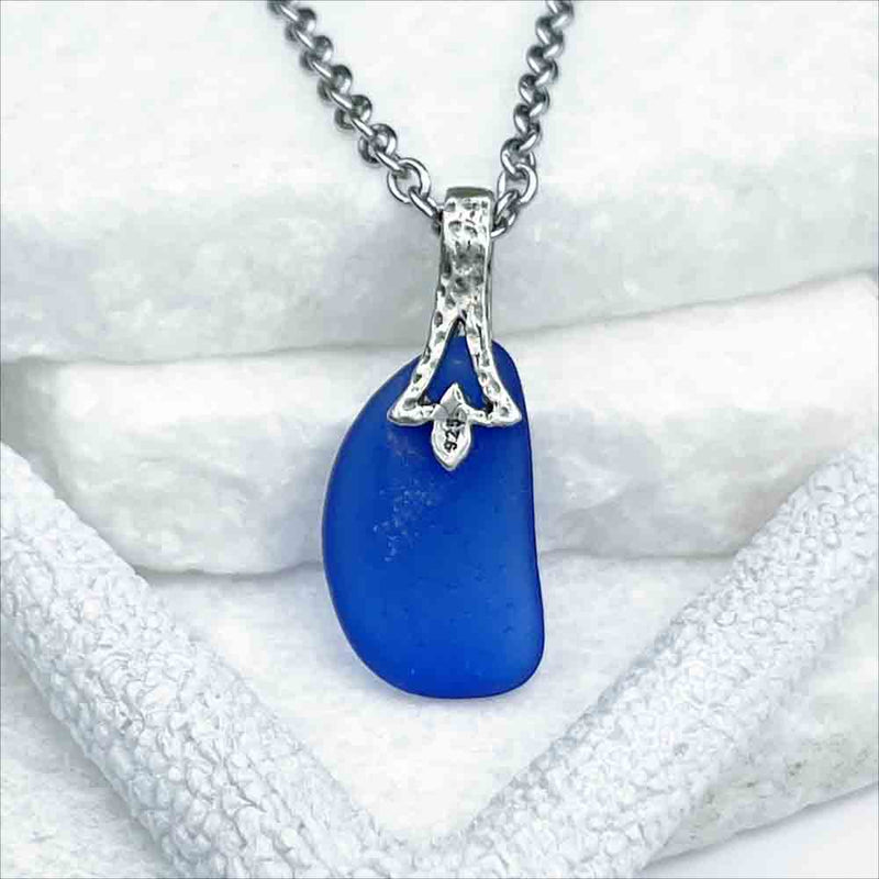 Bright Cobalt Blue Sea Glass Pendant with Decorative Bail 
