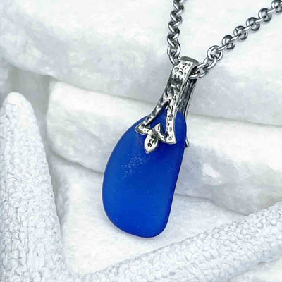Bright Cobalt Blue Sea Glass Pendant with Decorative Bail 