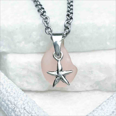 Tiny Blush Pink Sea Glass and Star Charm Pendant