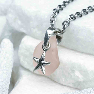 Tiny Blush Pink Sea Glass and Star Charm Pendant