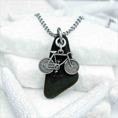Exceptional Black Sea Glass Pendant with Sterling Silver Bicycle Charm 