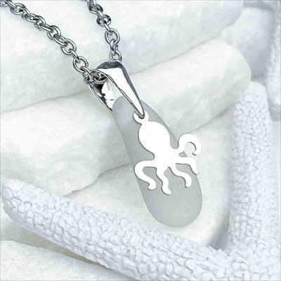 Crystal Clear Sea Glass Pendant with Sterling Silver Octopus Charm 