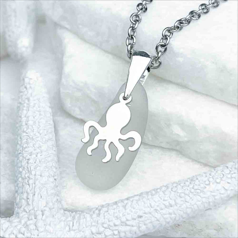 Crystal Clear Sea Glass Pendant with Sterling Silver Octopus Charm 