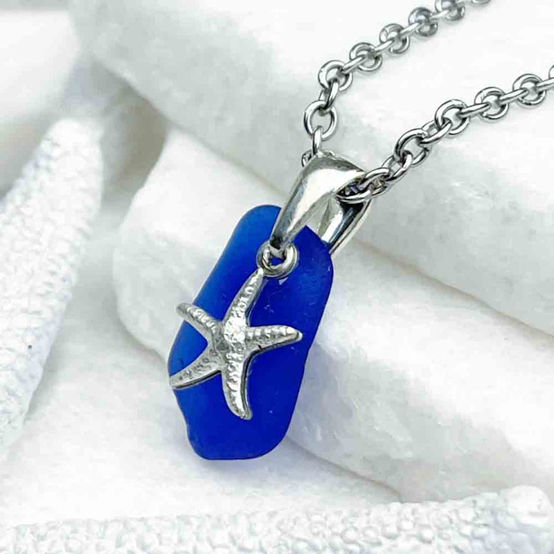 Cobalt Blue Geometric Sea Glass Pendant with Starfish Charm