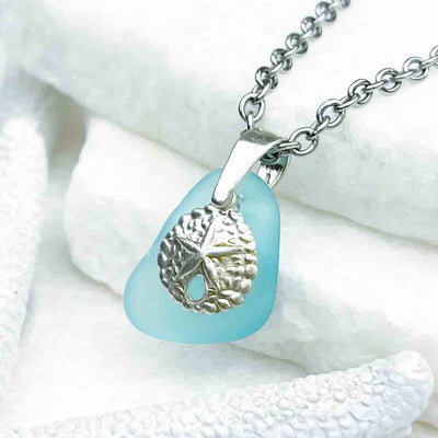 Glistening Aqua Sea Glass Pendant with Sand Dollar Charm 