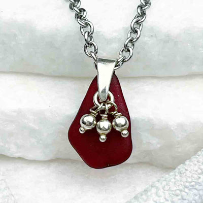 Deep Red Sea Glass Pendant with Sterling Silver Tassel Charm 