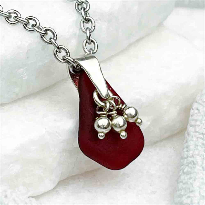 Deep Red Sea Glass Pendant with Sterling Silver Tassel Charm 