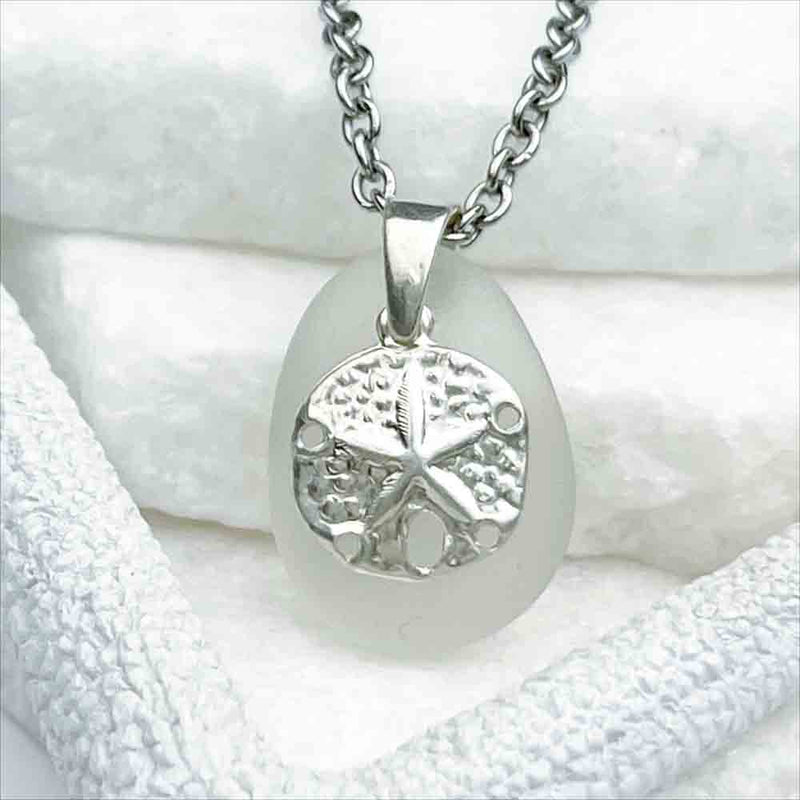 Solid Crystal Clear Sea Glass Pendant with Sterling Silver Sand Dollar 