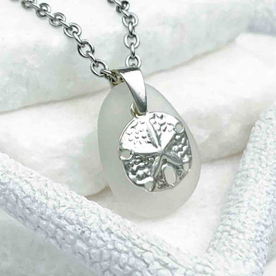 Solid Crystal Clear Sea Glass Pendant with Sterling Silver Sand Dollar 