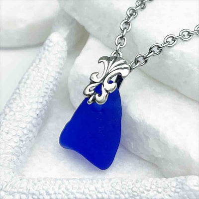 Ornate Cobalt Blue Sea Glass Pendant with Sterling Silver Bail
