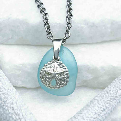 Effervescent Aqua Sea Glass Pendant with Sterling Silver Sand Dollar Charm