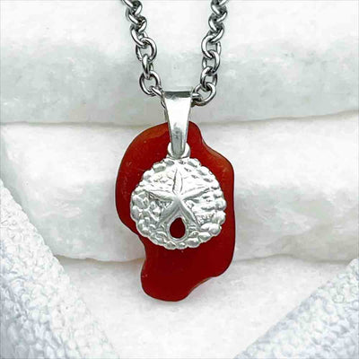Whimsical Red Sea Glass Pendant with Sand Dollar Charm 