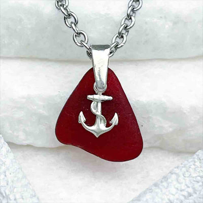 Red Sea Glass Pendant with Sterling Silver Anchor Charm 