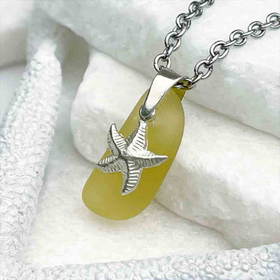 Shining Yellow Sea Glass Pendant with Sterling Silver Starfish 