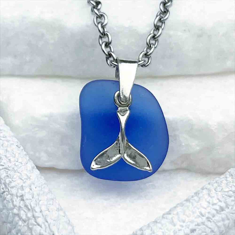 Light Cobalt Blue Sea Glass Pendant with Sterling Silver Whale Tail Charm