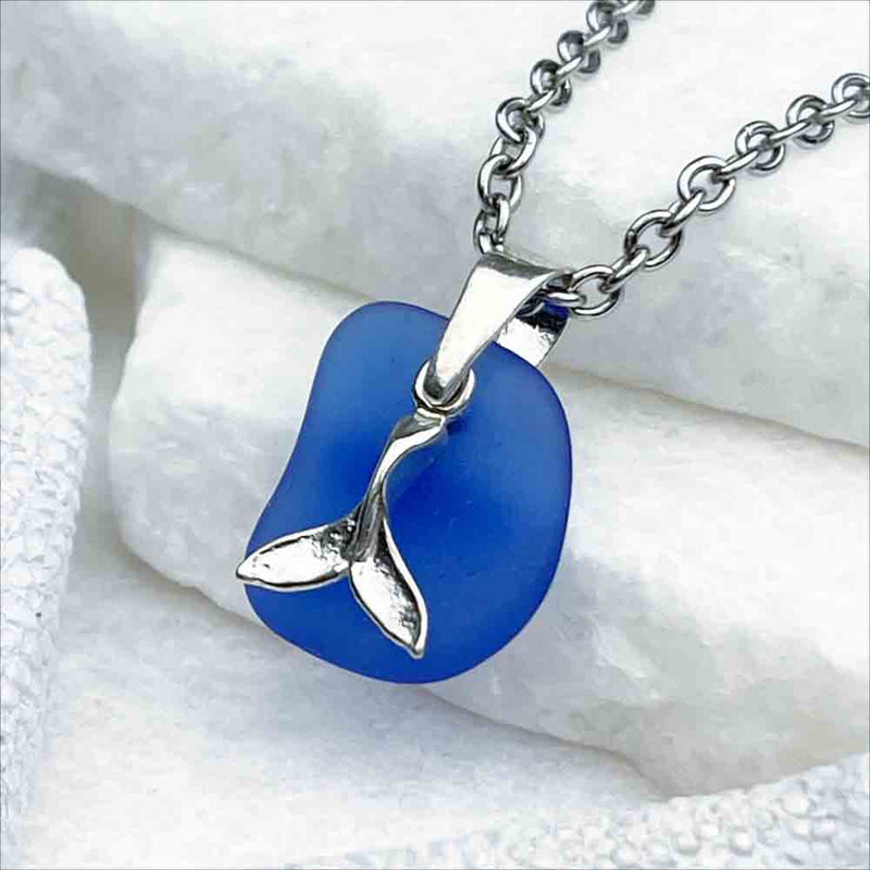 Light Cobalt Blue Sea Glass Pendant with Sterling Silver Whale Tail Charm