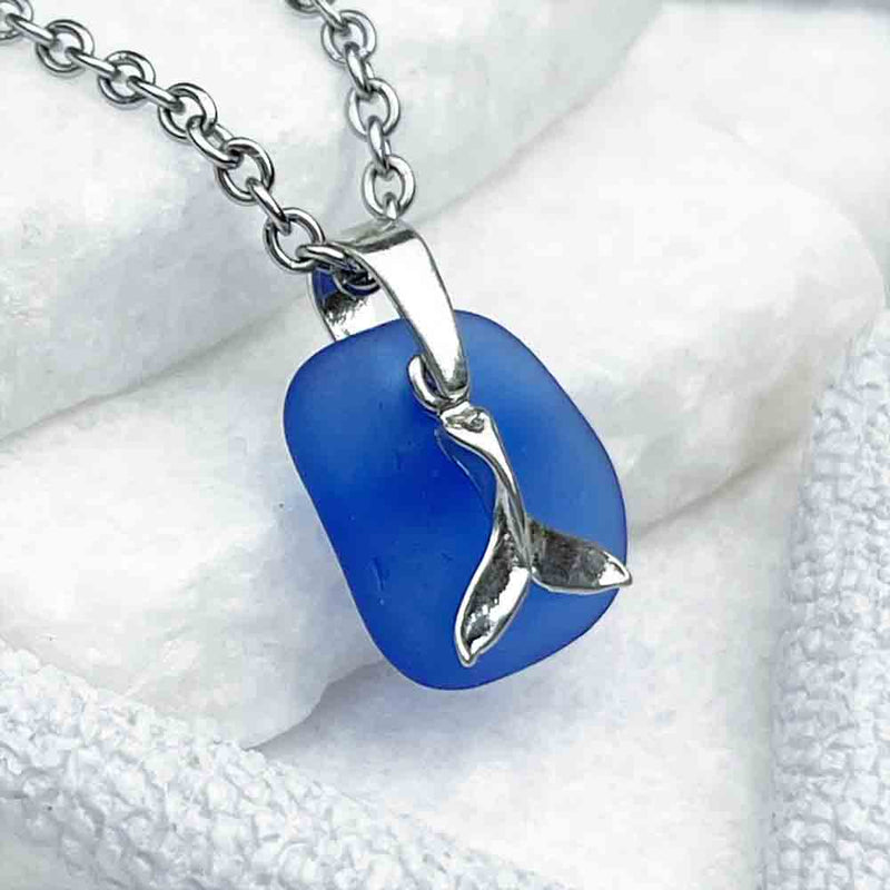 Light Cobalt Blue Sea Glass Pendant with Sterling Silver Whale Tail Charm