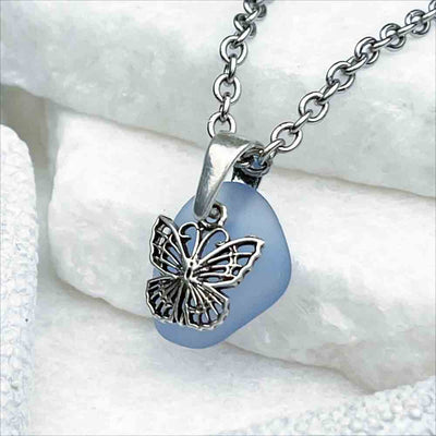 Charming Cornflower Blue Sea Glass Pendant with Sterling Silver Butterfly 