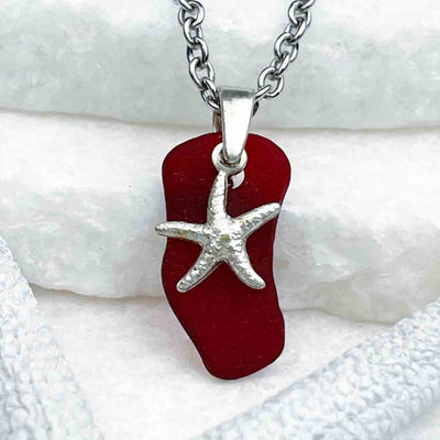 Deep Red Sea Glass Pendant with Sterling Silver Starfish Charm