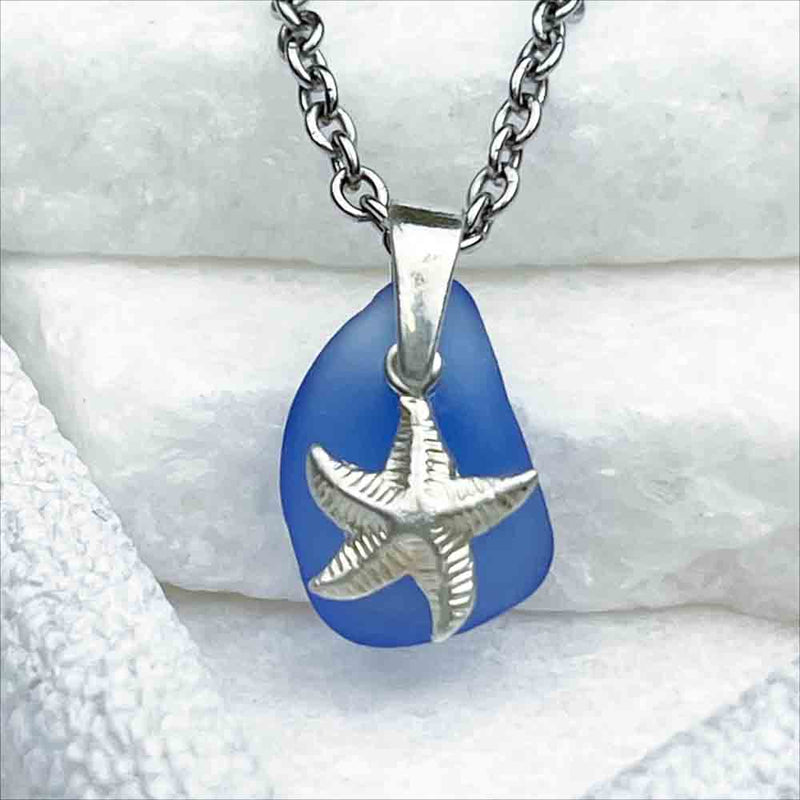 Light Cobalt Blue Sea Glass Pendant with Sterling Silver Sea Star Charm