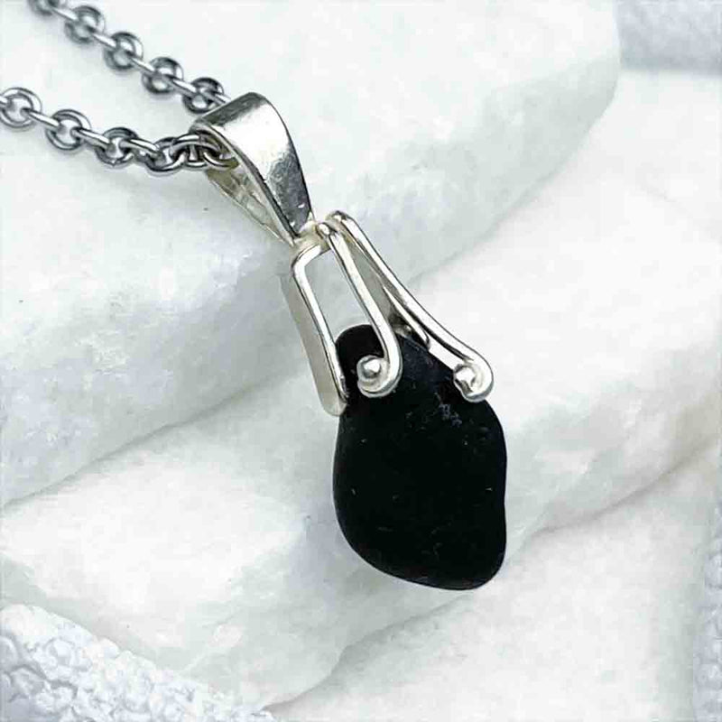 Dramatic Deep Black Sea Glass Pendant with Sterling Silver Bail 