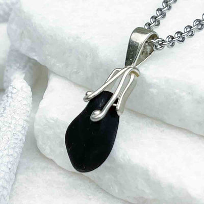Dramatic Deep Black Sea Glass Pendant with Sterling Silver Bail 