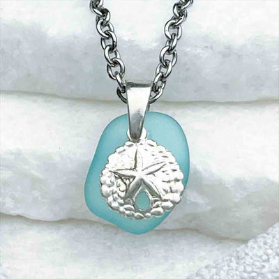 Dainty Bright Aqua Sea Glass Pendant with Sterling Silver Sand Dollar Charm