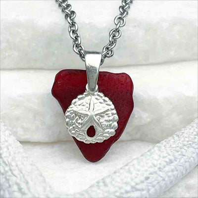 Deep Red Sea Glass Pendant with Sterling Silver Sand Dollar