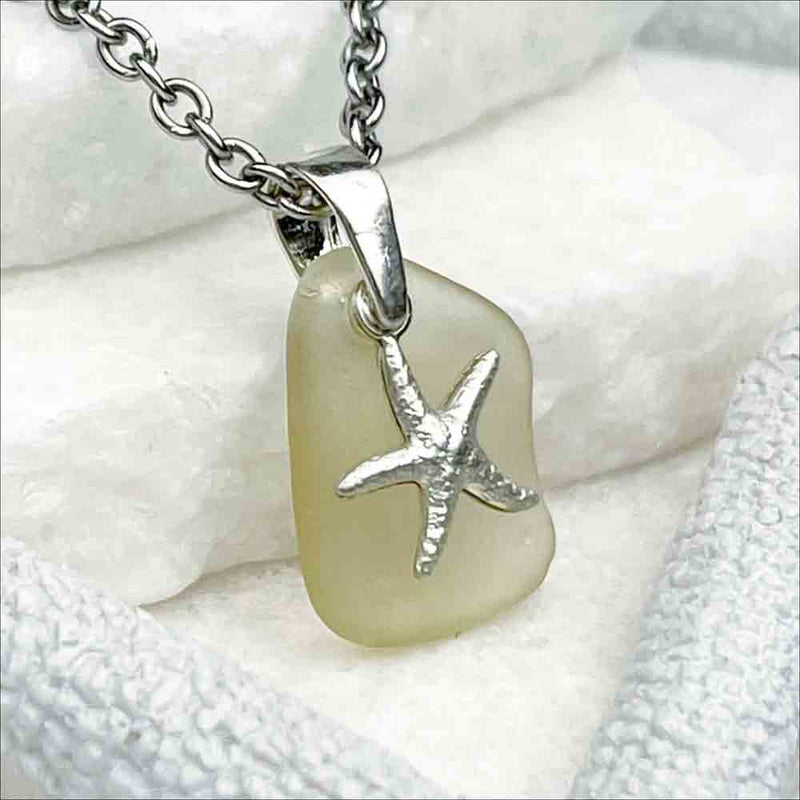 Gentle Yellow Sea Glass Pendant with Sterling Silver Starfish Charm