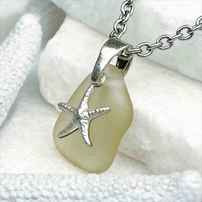 Gentle Yellow Sea Glass Pendant with Sterling Silver Starfish Charm