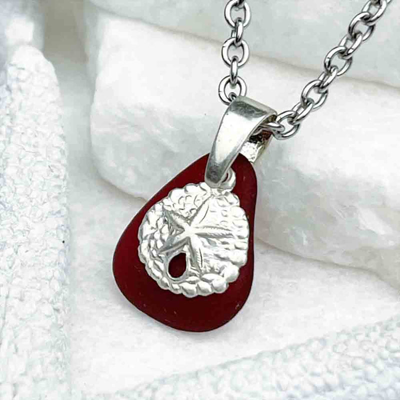 Sundown Red Sea Glass Pendant with Sterling Silver Sand Dollar Charm