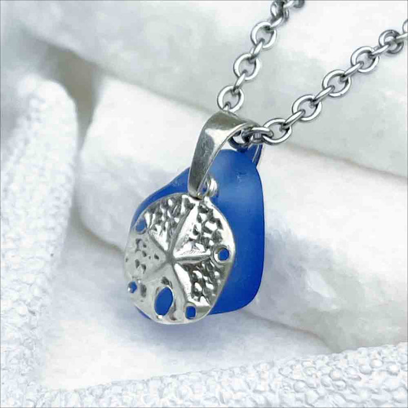 Winsome Cobalt Blue Sea Glass Pendant with Sterling Silver Sand Dollar Charm