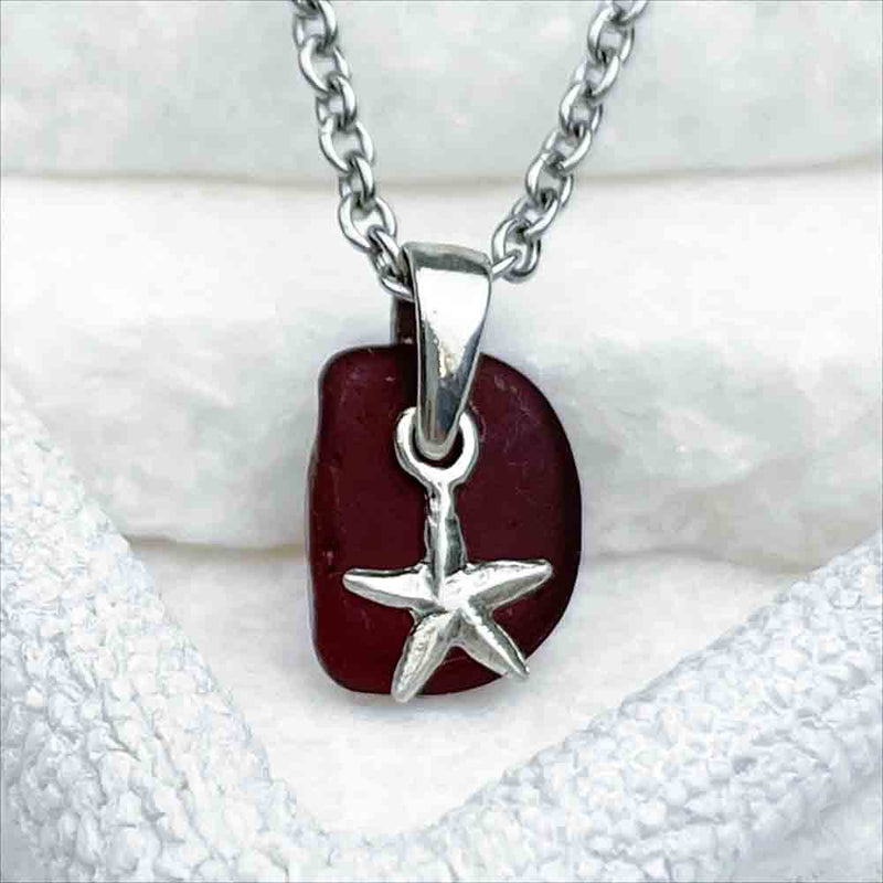 Divine Red Sea Glass Pendant with Sterling Silver Star Charm 