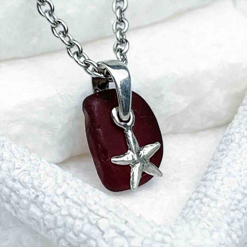 Divine Red Sea Glass Pendant with Sterling Silver Star Charm 