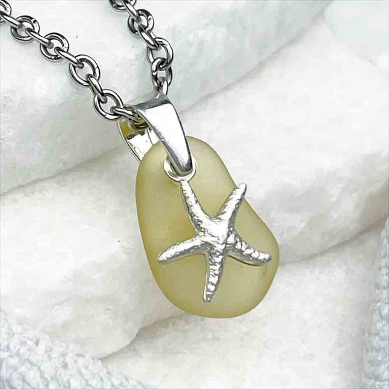 Yellow Sea Glass Pendant with Sterling Silver Starfish Charm 