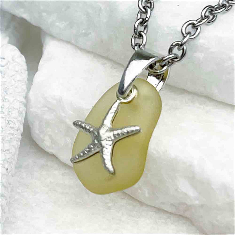 Yellow Sea Glass Pendant with Sterling Silver Starfish Charm 