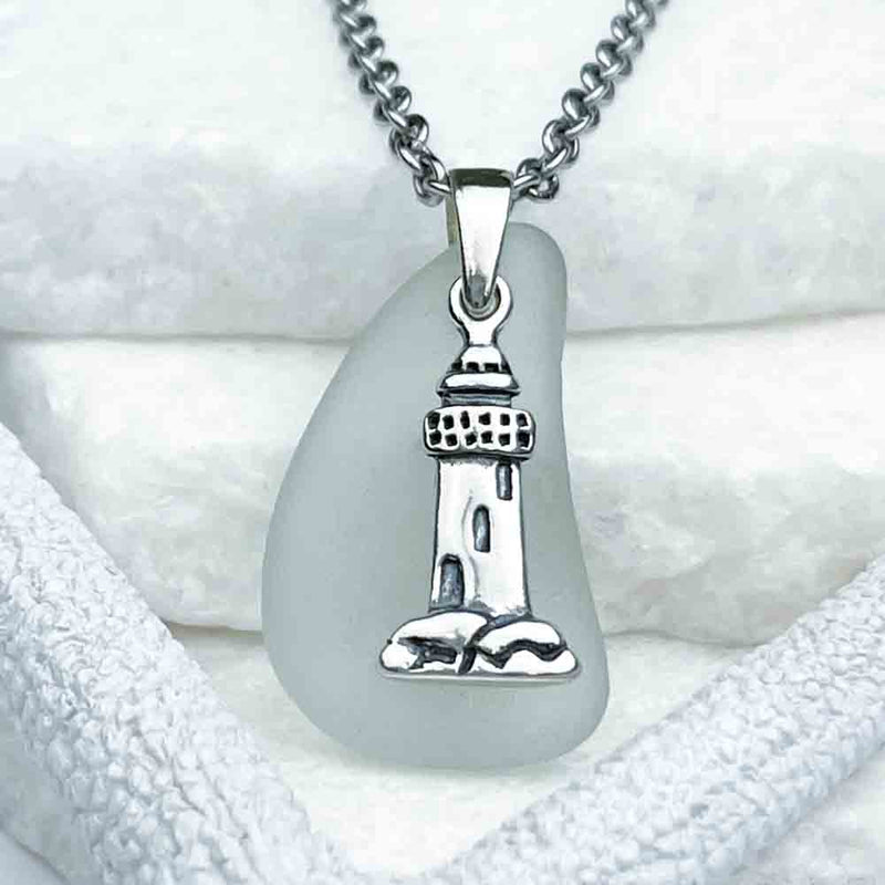 Clear Ice Aqua Sea Glass Pendant and Sterling Silver Lighthouse Charm