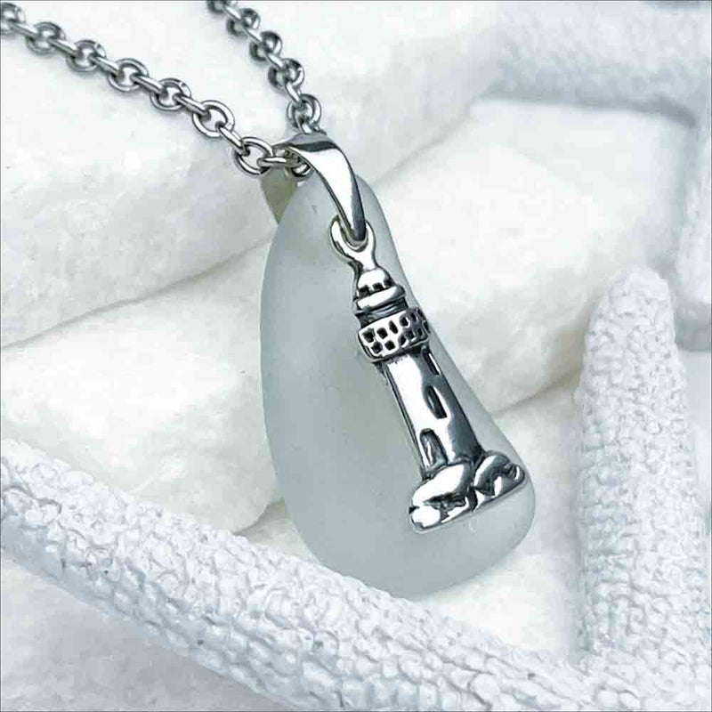 Clear Ice Aqua Sea Glass Pendant and Sterling Silver Lighthouse Charm