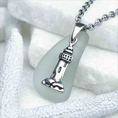 Clear Ice Aqua Sea Glass Pendant and Sterling Silver Lighthouse Charm