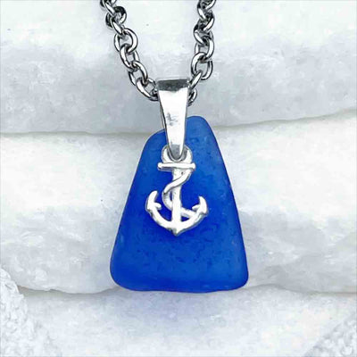 Bright Cobalt Blue Sea Glass Pendant and Sterling Silver Anchor