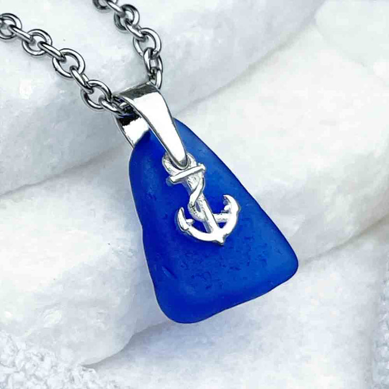 Bright Cobalt Blue Sea Glass Pendant and Sterling Silver Anchor