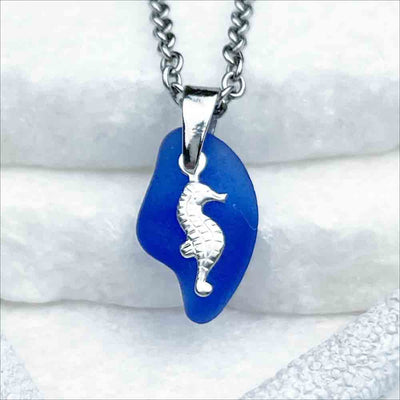 Refreshing Cobalt Blue Sea Glass Pendant with Sterling Silver Seahorse Charm 
