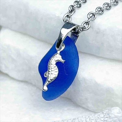 Refreshing Cobalt Blue Sea Glass Pendant with Sterling Silver Seahorse Charm 