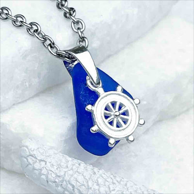 Cobalt Blue Sea Glass Pendant with Sterling Silver Ships Wheel Charm