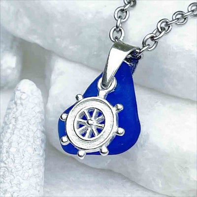 Cobalt Blue Sea Glass Pendant with Sterling Silver Ships Wheel Charm