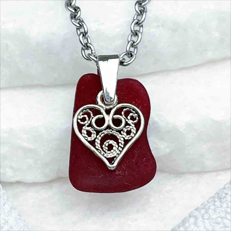 Garnet Red Sea Glass Pendant with Sterling Silver Heart Charm