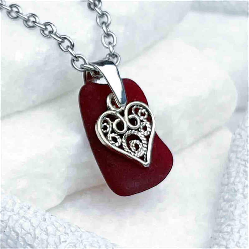 Garnet Red Sea Glass Pendant with Sterling Silver Heart Charm