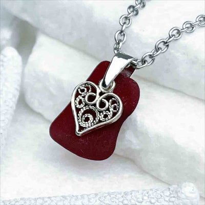 Garnet Red Sea Glass Pendant with Sterling Silver Heart Charm
